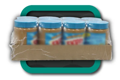 Eight Peanut butter containers in a cardboard box holder shrink wrapped together