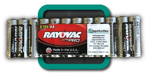 Packaged Rayovac batteries with Opportunities, In.c logo on wrapping